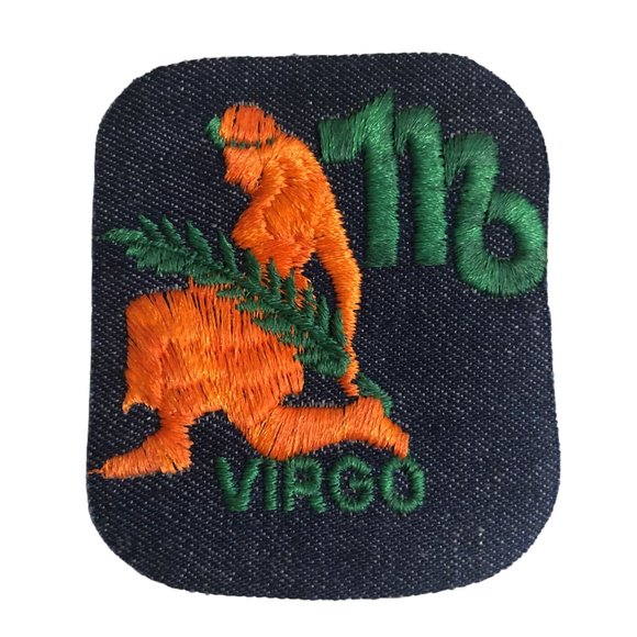 Vintage Rumper Stitcher Embroidered Iron On Patch Astrology Virgo Orange Denim - Picture 3 of 4